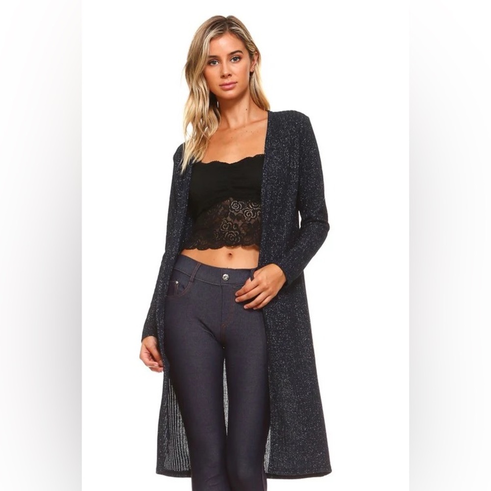 Navy Shimmer Long Open Cardigan NWT